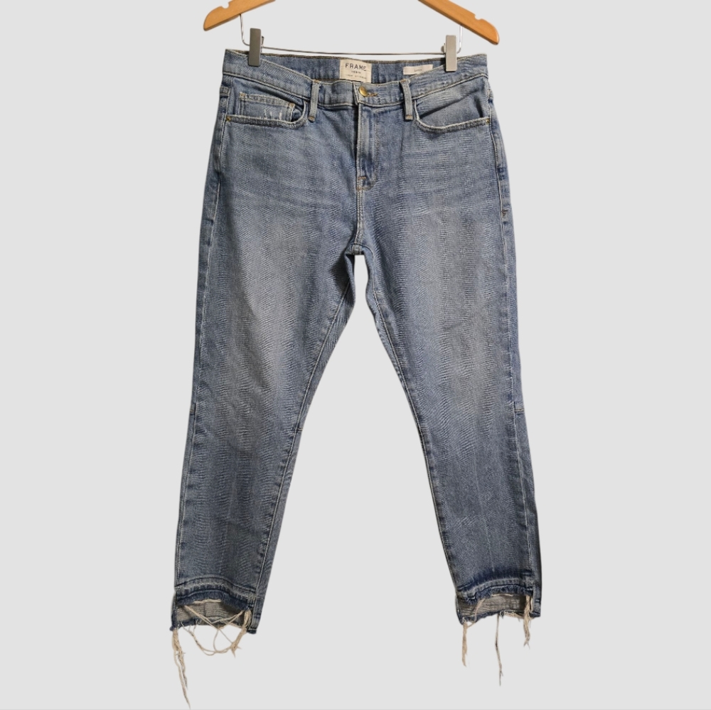 Frame Le Boy Jeans Women's Sz 29 Blue Denim Stretch Raw-Hem Distressed Cropped